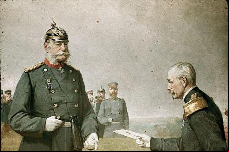 El general Reille entrega a Guillermo I la carta de rendición de Napoleón III.