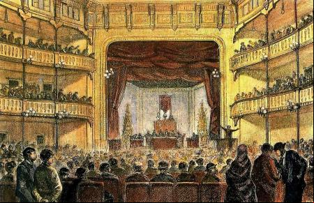 Un grabado del Congreso Obrero de 1870 que se celebró en el Teatro Circo de Barcelona.