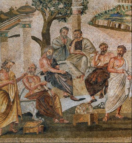 Mosaico del siglo I hallado en Pompeya que representa a la Academia de Platón.