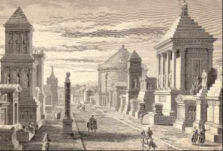 Grabado de una vista estilizada de la Via Appia en Roma.