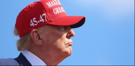 RACINE, WISCONSIN - JUNE 18: Republican presidential candidate former President Donald Trump speaks during a rally at Festival Park on June 18, 2024 in Racine, Wisconsin. This is Trump's third visit to Wisconsin, a key swing state in 2024. Scott Olson/Getty Images/AFP (Photo by SCOTT OLSON / GETTY IMAGES NORTH AMERICA / Getty Images via AFP)