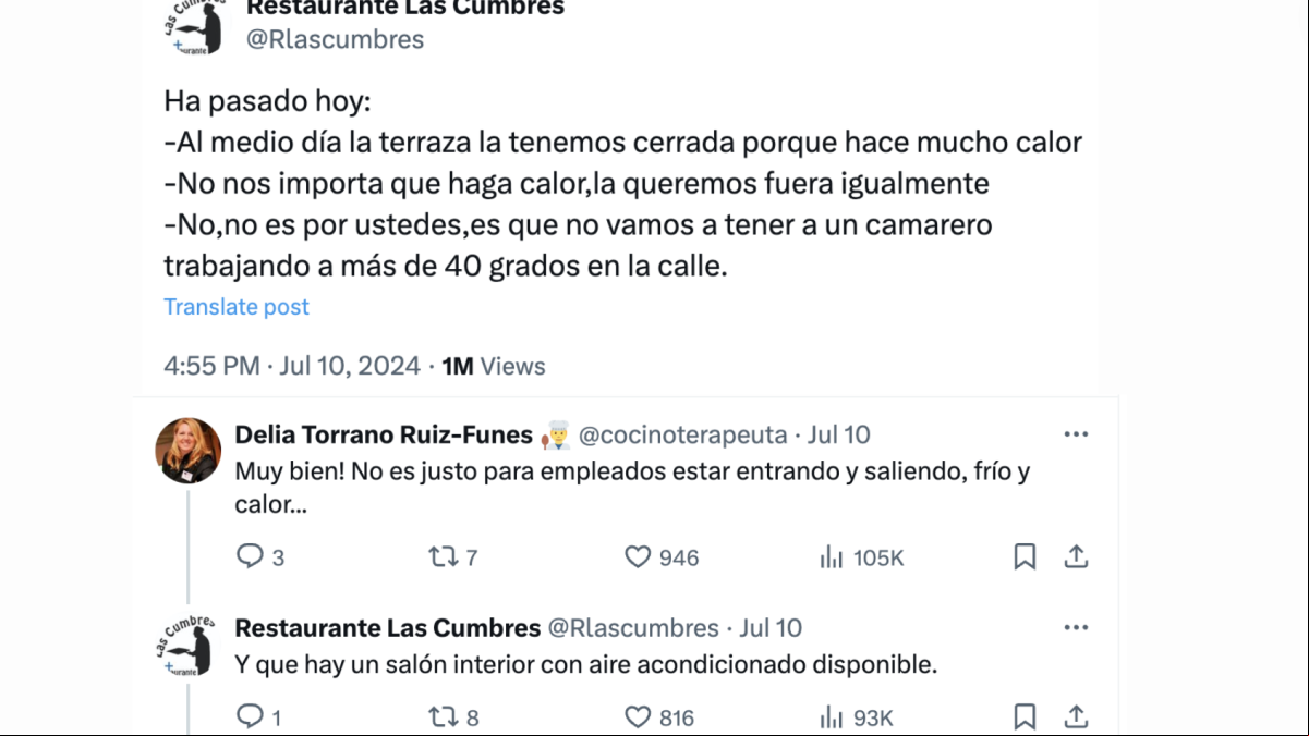 Un restaurante aclara que por qué la terraza está cerrada durante el día: “No vamos a tener a un camarero trabajando a más de 40 grados”