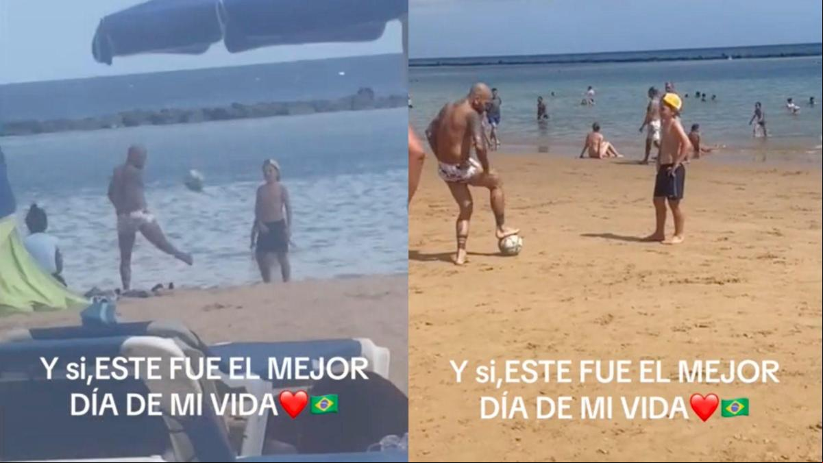 Un niño muestra cómo Dani Alves le da clases de fútbol en la playa