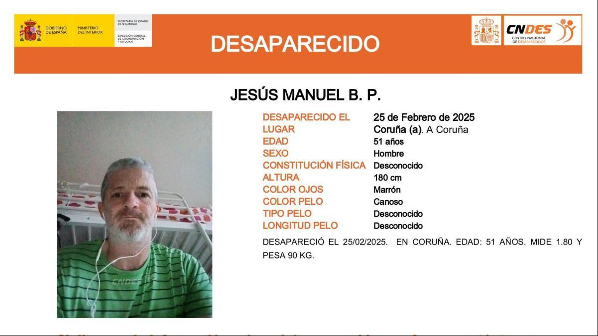 Sin rastro de Jesús Manuel B. P., un hombre de 51 años desaparecido en A Coruña