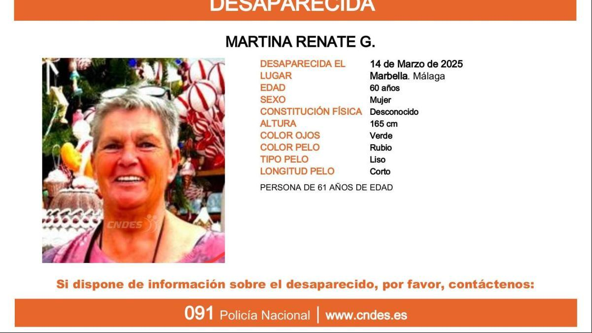 Activada una alerta para encontrar a Martina Renate G., una mujer mayor, de 60 años, desaparecida en Málaga