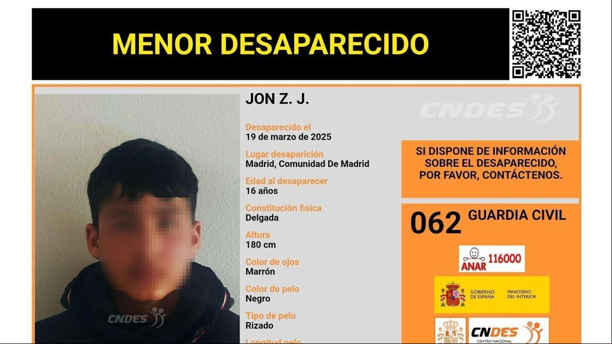 Activada una alerta para encontrar a Jon Z. J. un menor de edad, de 16 años, desaparecido en Madrid