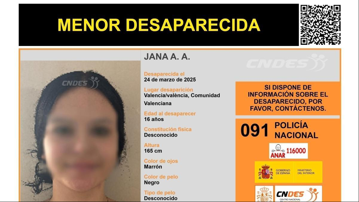 Sin rastro de Jana A. A., una menor de 16 años desaparecida en València