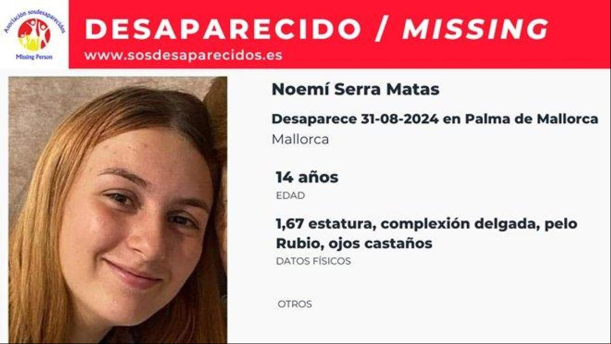 Activan una alerta para encontrar a Noemí Serra Matas, una joven de 14 años desaparecida en Palma de Mallorca
