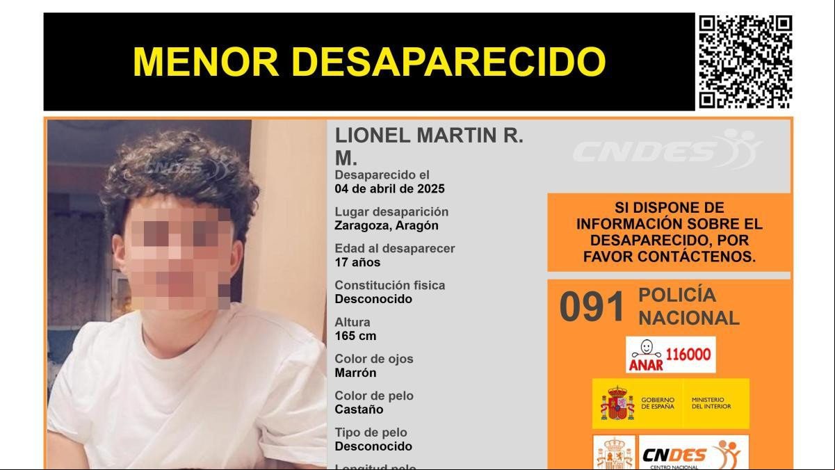 Activada una alerta para encontrar a Lionel Martín R. M., un menor de edad, de 17 años, desaparecido en Zaragoza