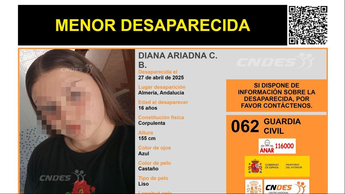 En paradero desconocido Diana Ariadna C. B., una menor de 16 años desaparecida en Almería