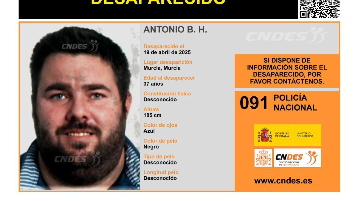Activada una alerta para encontrar a Antonio B. H., un hombre de 37 años desaparecido en Murcia