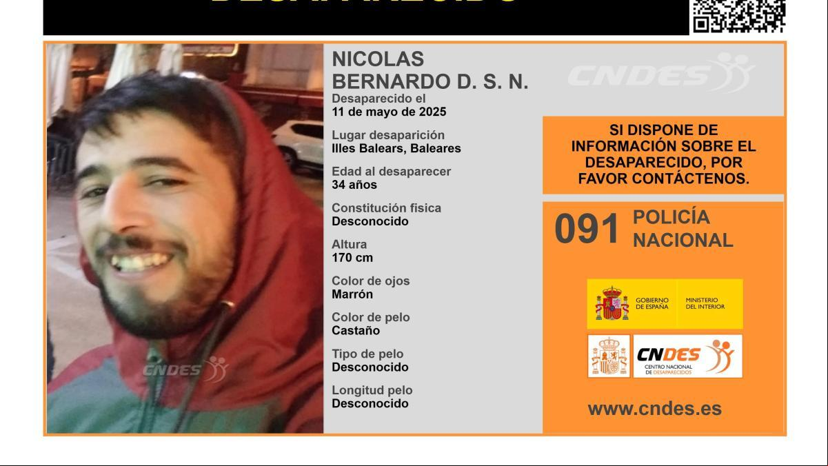 Sin rastro de Nicolás Bernardo D. S. N., un hombre de 34 años desaparecido en Baleares