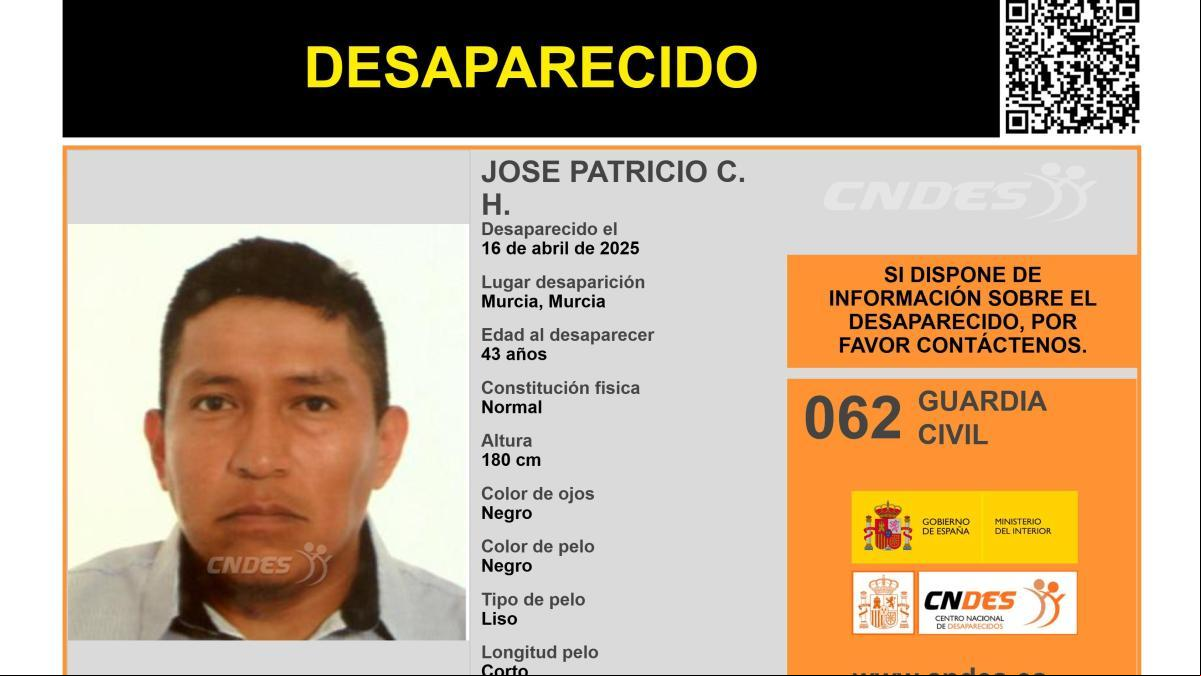 Sin rastro de Jose Patricio C. H., un hombre de 43 años desaparecido en Murcia