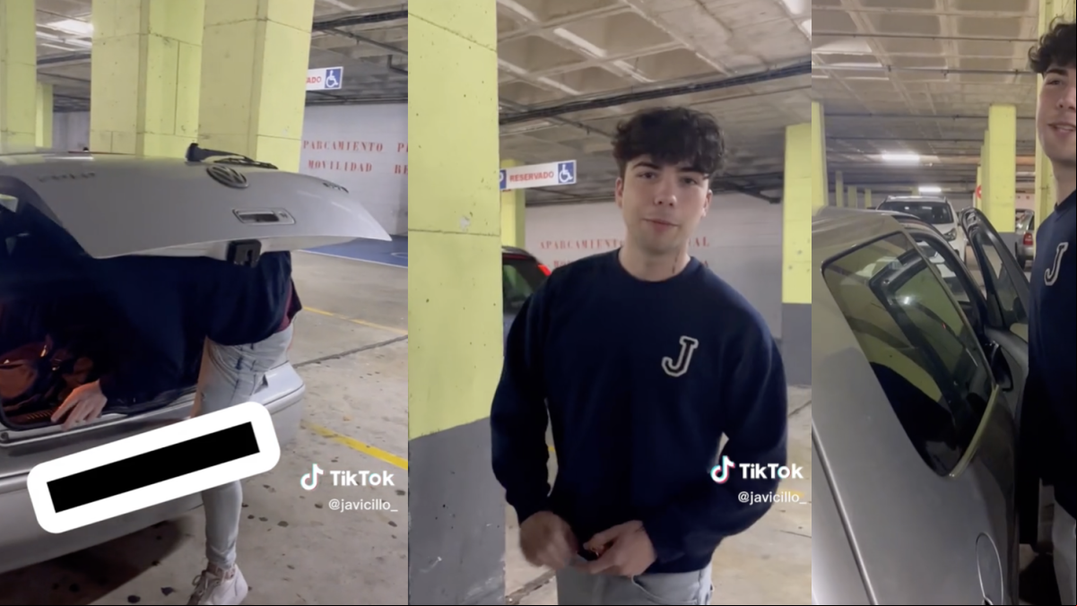 Un estudiante de la Universidad de Cantabria muestra la maniobra contorsionista que hace para entrar en su coche