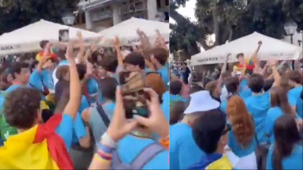 Jóvenes católicos entonan el Cara al sol en la Jornada Mundial de la Juventud de Lisboa