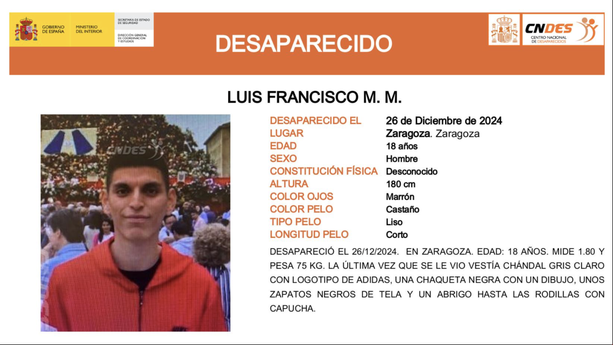 Alerta desaparecido: se busca a Luis Francisco, un joven de 18 años de Zaragoza Alerta desaparecido: se busca a Luis Francisco, un joven de 18 años de Zaragoza