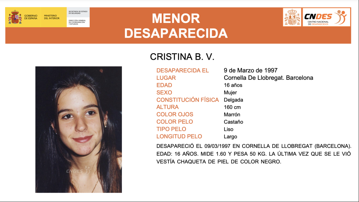 Sin rastro de Cristina, la joven desaparecida en Cornellà de Llobregat en 1997 con 16 años
