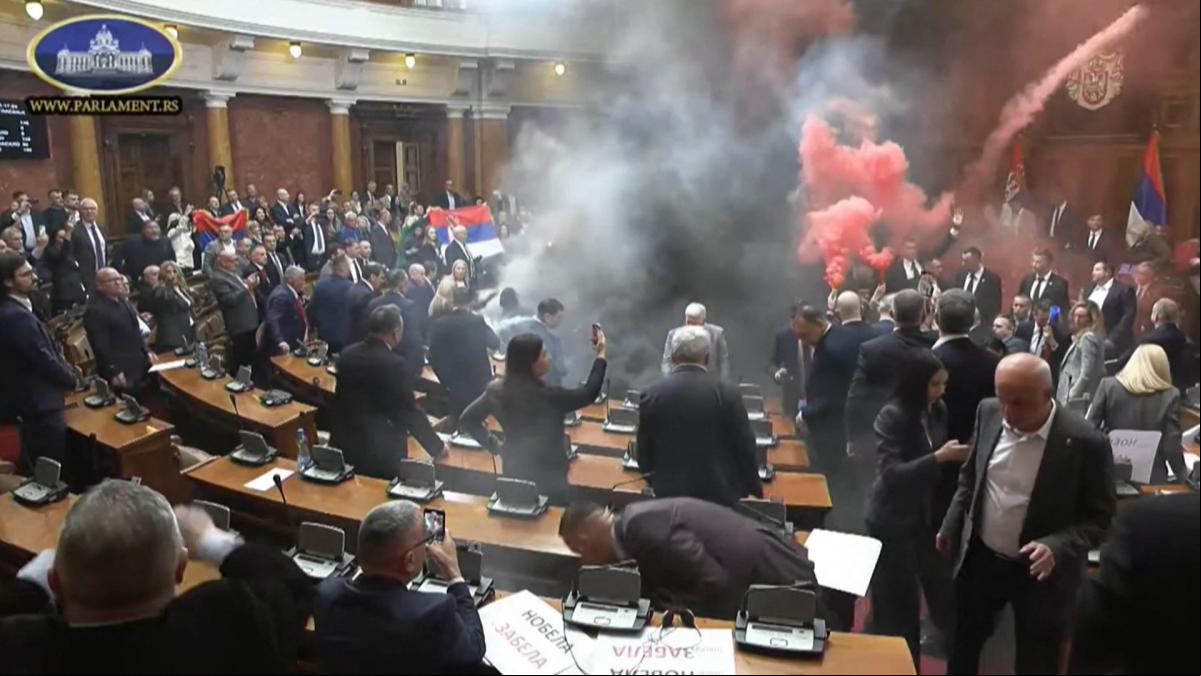 Diputados de la oposición serbia lanzan granadas de humo en el Parlamento