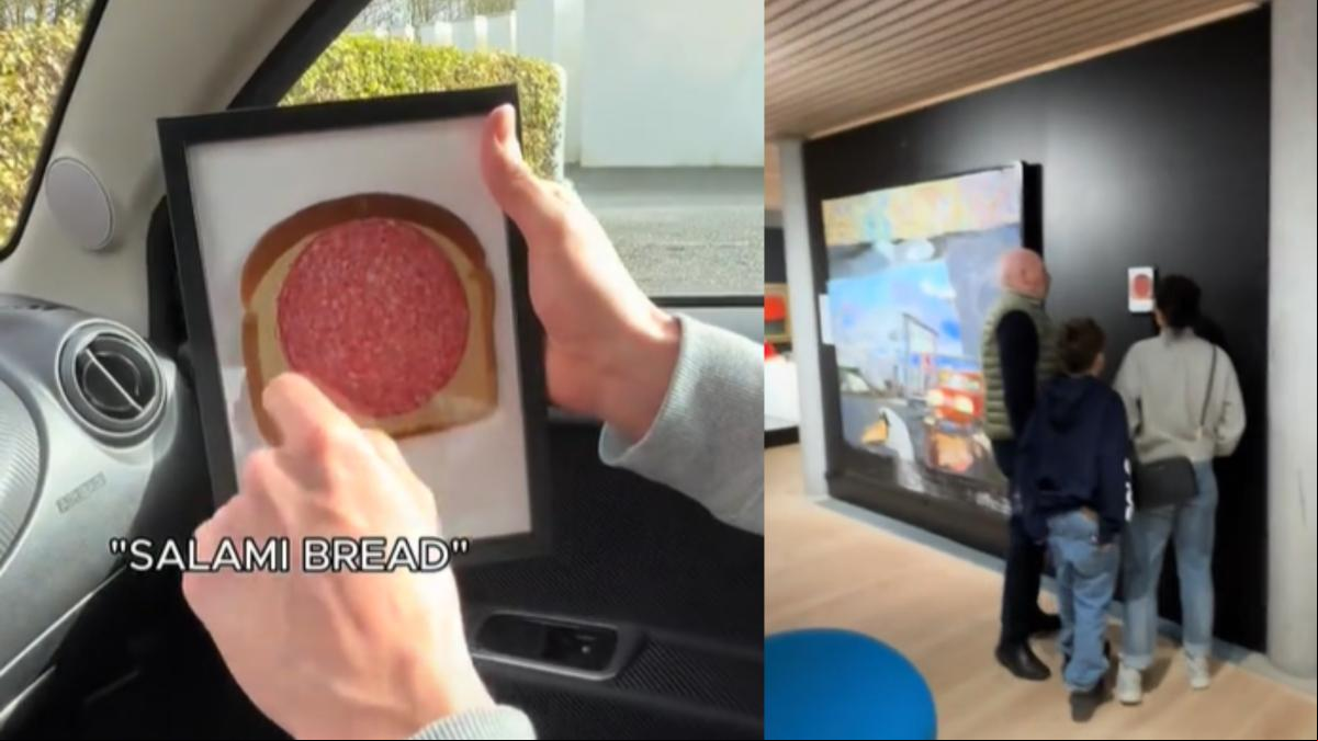 Cuelgan una rebanada de pan con salami en la pared de un museo y la reacción de los visitantes sorprende: “Me encanta esta generación”